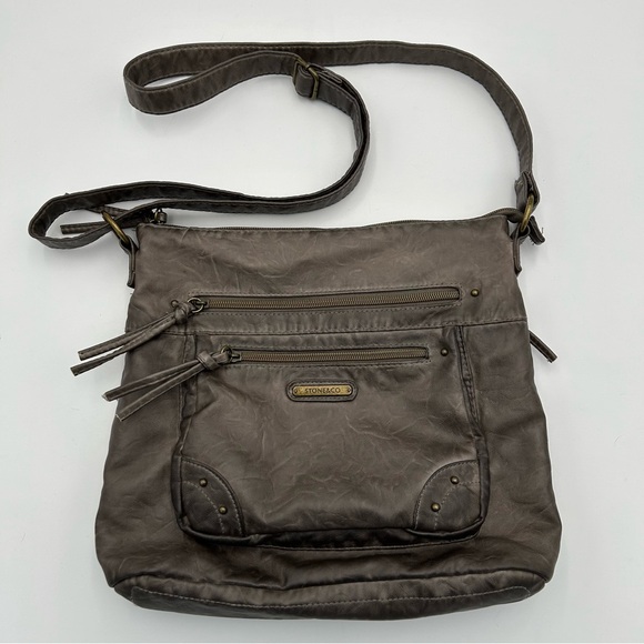 Stone & Co Faux Leather Crossbody Bag Purse Size M Adj Strap Studded Gray‎ Lagom - Picture 2 of 11